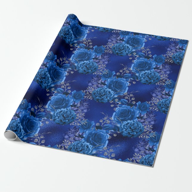 Papier Cadeau Royal Blue et Silver Floral (Déroulé)