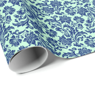 Papier Cadeau Royal Blue & Mint Green Floral Damasques Motif 5