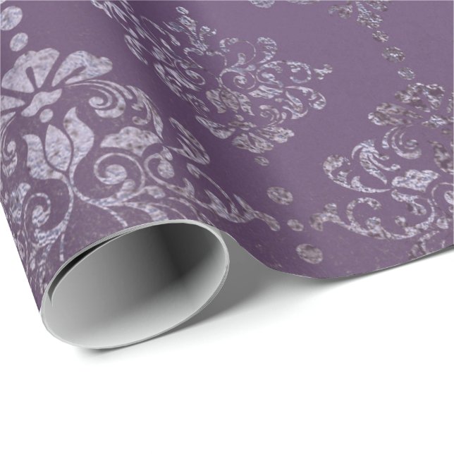 Papier Cadeau Royal Damask Distressed Plum violet Plum gris flor (Coin rond)