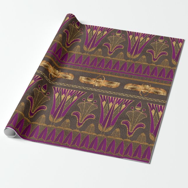 Papier Cadeau Royal Egyptian Floral et Scarab ailé Motif (Déroulé)