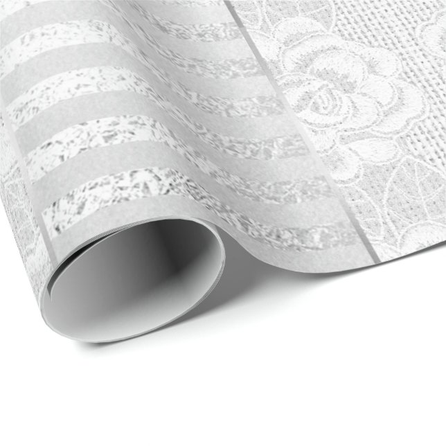 Papier Cadeau Royal Floral Rose argent blanc dentelle rayures li (Coin rond)