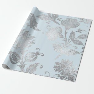 Papier Cadeau Royal Pastel Blue Silver Roses brillants