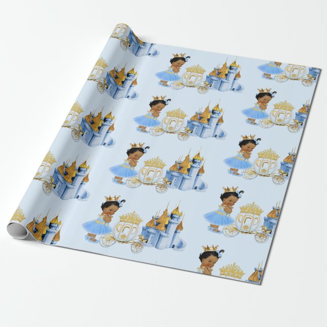 Papier Cadeau Royal Princess Castle Carriage Blue Gold Girl (Déroulé)