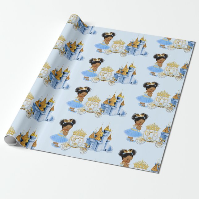 Papier Cadeau Royal Princess Castle Carriage Blue Gold Girl (Déroulé)