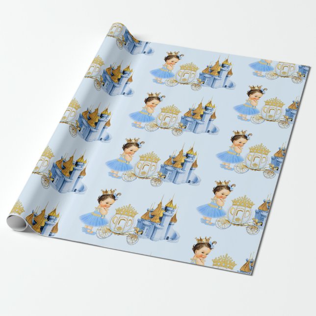 Papier Cadeau Royal Princess Castle Carriage Blue Gold Girl (Déroulé)