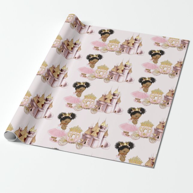 Papier Cadeau Royal Princess Castle Carriage Rose Gold Girl (Déroulé)