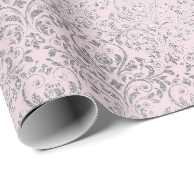 Papier Cadeau Royal Princess Pink Silver Damask brillant (Coin rond)