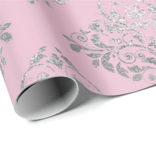 Papier Cadeau Royal Princess Pink Silver Damask brillant