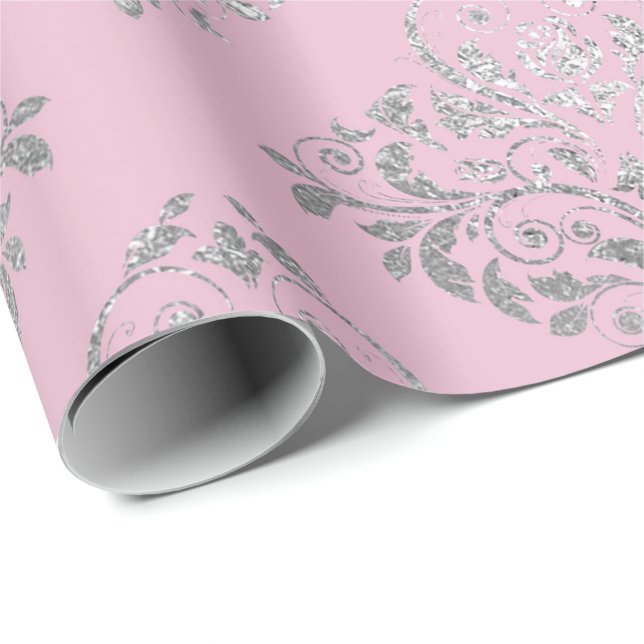 Papier Cadeau Royal Princess Pink Silver Damask brillant (Coin rond)