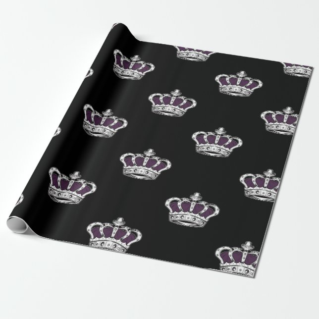 Papier Cadeau Royal Purple Crown Pattern on Bold Black Back (Déroulé)