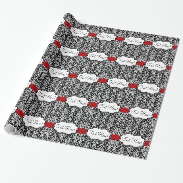 Papier Cadeau Ruban rouge Chic noir/blanc damassé (Déroulé)