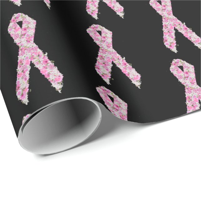 Papier Cadeau Ruban survivant du cancer du sein rose floral (Coin rond)