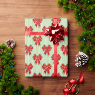 Papier Cadeau Rubans de Noël rouges festifs sur rayures vertes