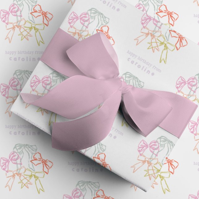 Papier Cadeau Rubans et vaches personnalisés Aquarelle Anniversa (Ribbons and Bows watercolor bright colorful personalized Happy Birthday wrapping paper.)