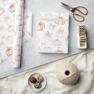 Papier Cadeau Rubans Roses Automnales Citrouilles Blanches Orang