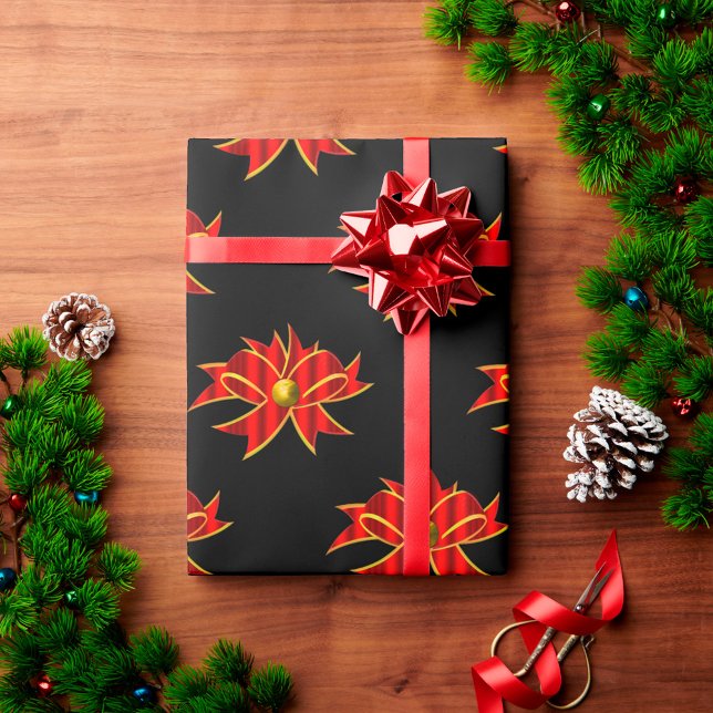 Papier Cadeau Rubans rouges sur Noir Noël Contemporain (Créateur téléchargé)