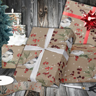 Papier Cadeau Russe Kraft Casquette noir chickadees Red Ilex Ber