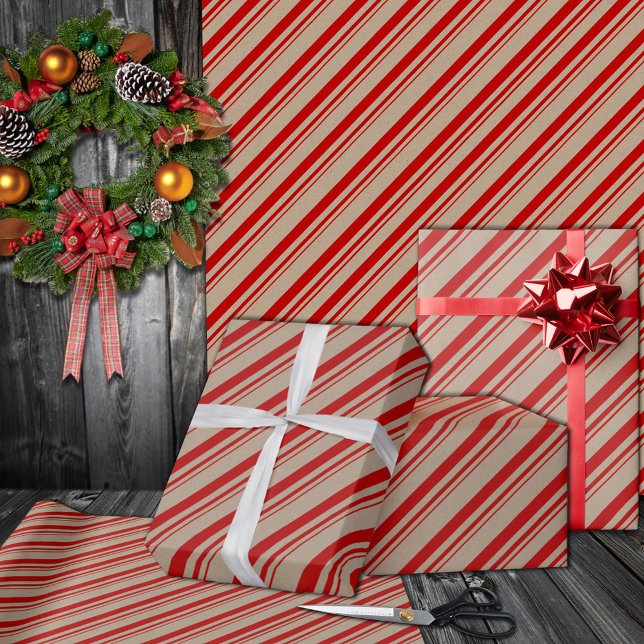 Papier Cadeau Russe Kraft Rouge bonbons raypes vacances (Red Candy Cane Stripe Holiday Wrapping Paper Rolls in 6 and 15 foot rolls.)