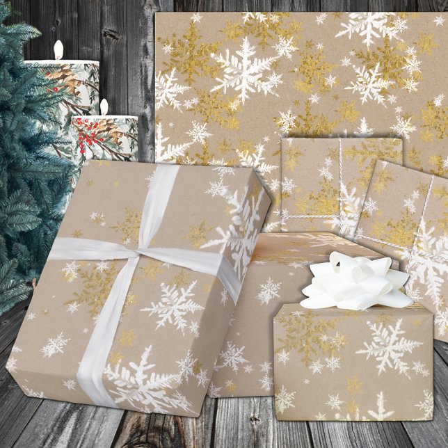 Papier Cadeau Russe Kraft Winter White & Gold Snowflakes (Rustic Kraft Winter White & Gold Snowflakes Wrapping In 6 and 15 foot long 30 Inch Width Rolls
)