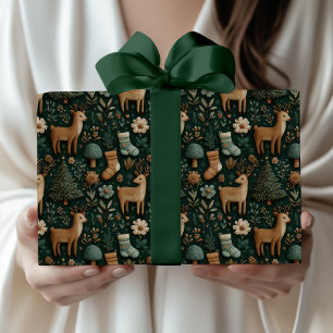 Papier Cadeau Russe moderne bois cerfs et pins Noël