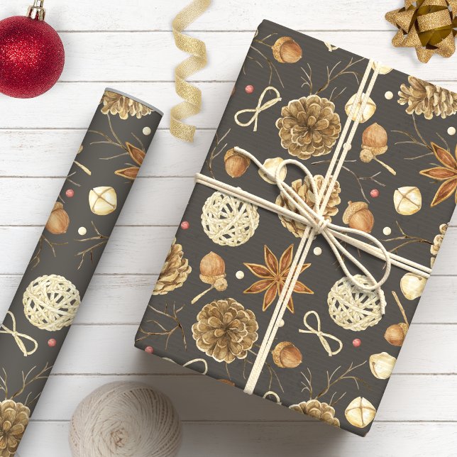 Papier Cadeau Russe Pays Aquarelle Pine Cône Thanksgiving (Créateur téléchargé)