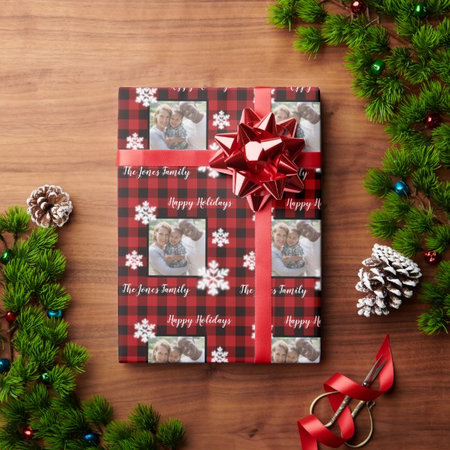 Papier Cadeau Russe rouge et noir plaid avec détail de flocon de (Cadeau de vacances)
