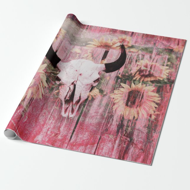 Papier Cadeau Russe Western Taureau Taureau rose Tournesols Jaun (Déroulé)