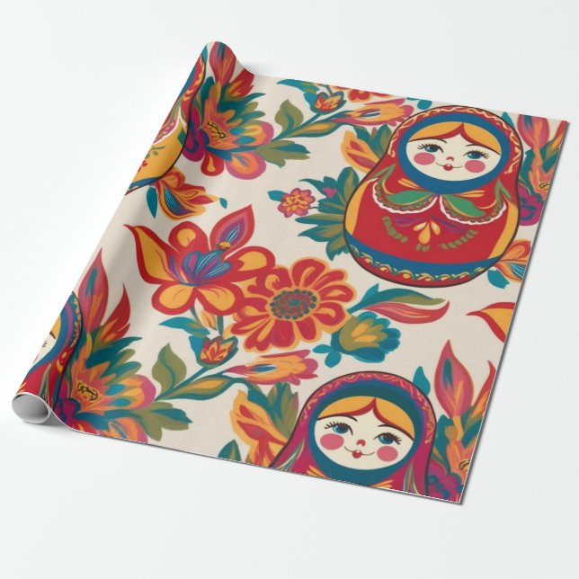 Papier Cadeau Russie Matryoshka Nesting Dolls Floral Decoupage (Déroulé)