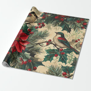Papier Cadeau Rustic Bird et Poinsettia Motif de Noël (13)