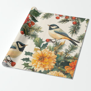 Papier Cadeau Rustic Bird et Poinsettia Motif de Noël (9)
