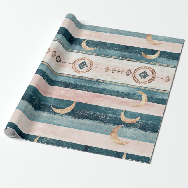 Papier Cadeau Rustic Celestial Stripe Moon Sun Earthy (10) (Déroulé)