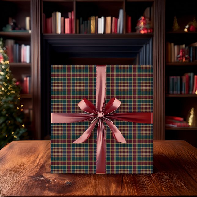 Papier Cadeau Rustic Elegance Plaid Cranberry Dk Blue Teal Green (Rustic Elegance Rich Dark Plaid in Cranberry Red, Dark Navy Blue and Dark Teal Green Wrapping Paper)