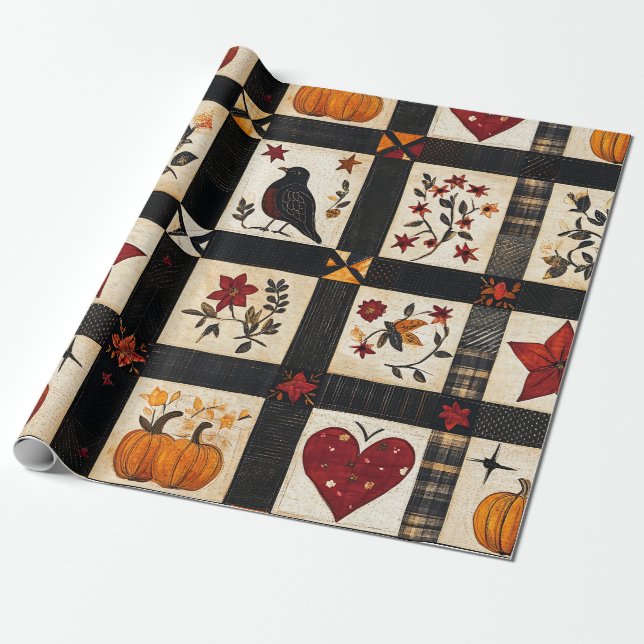 Papier Cadeau Rustic Fall Quilt Motif | Patchwork agricole (Déroulé)