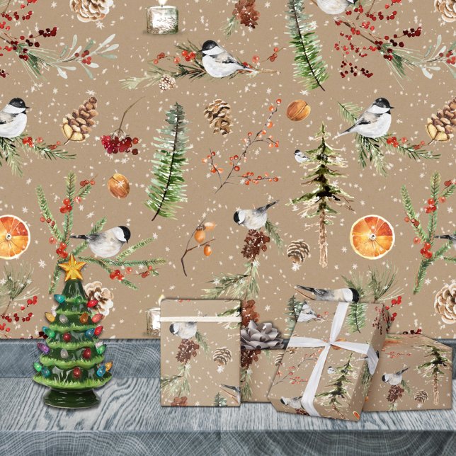 Papier Cadeau Rustic Kraft Black Casquette Chickadee fête de Noë (Rustic Kraft Black Cap Chickadee Christmas Party Holiday Wrapping Paper Rolls)