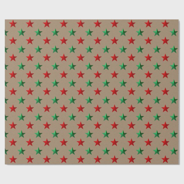 Papier Cadeau Rustic Kraft Red Green Stars (Plat)