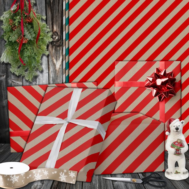 Papier Cadeau Rustic Kraft Red Wide Stripe Holiday (Rustic Kraft Red Wide Stripe Holiday Wrapping Paper Rolls in 6 and 15 foot lengths at 30 inches tall)