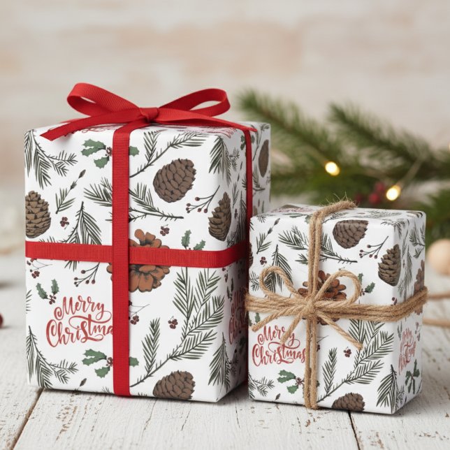 Papier Cadeau Rustic Merry Christmas Pinecones & Holly Berries (Rustic Merry Christmas Pinecones, Holly Berry, Evergreen Pattern Elegant Holiday Wrapping Paper.)