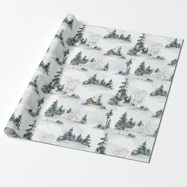 Papier Cadeau Rustic Mountain Forest Cabine animal cadeau de Noë (Déroulé)