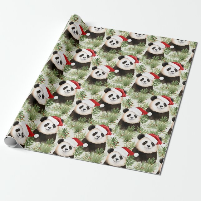 Papier Cadeau Rustic Panda Père Noël motif de vacances hiver (Déroulé)