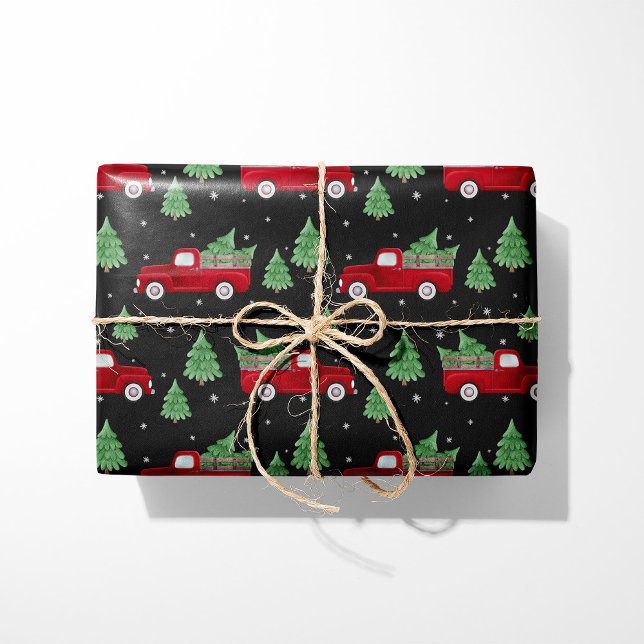 Papier Cadeau Rustic Red Truck Christmas Wrapping Paper on Black (Créateur téléchargé)