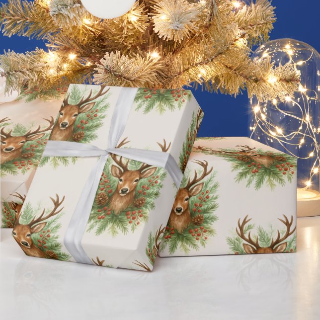 Papier Cadeau Rustic Woodland Deer Head with Winter Foliage -  (Vacances)