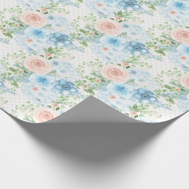 Papier Cadeau Rustique Bleu Rose Vert Floral Shabby Chic (Coin)