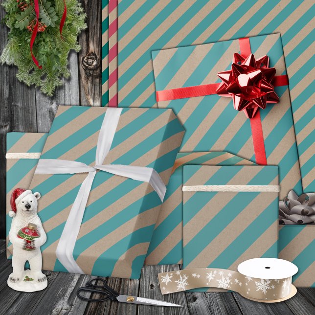 Papier Cadeau Rustique Kraft Dusty Turquoise Vert Large bande va (Rustic Kraft Dusty Teal Green Wide Stripe Holiday Wrapping Paper in 6 & 15 foot rolls of 30" widths)