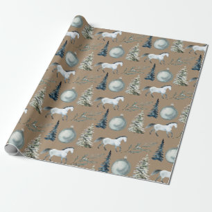 Papier Cadeau Rustique Kraft Hivernal Cheval Blanc & Épinette Bl