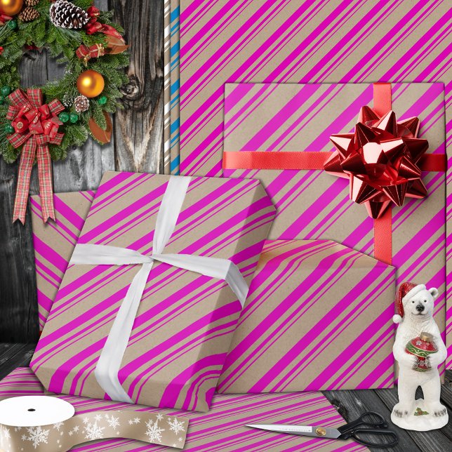 Papier Cadeau Rustique Kraft Hot Pink Stripes vacances (Hot Pink Candy Cane Stripe Holiday Wrapping Paper Rolls in 6 and 15 foot rolls.)