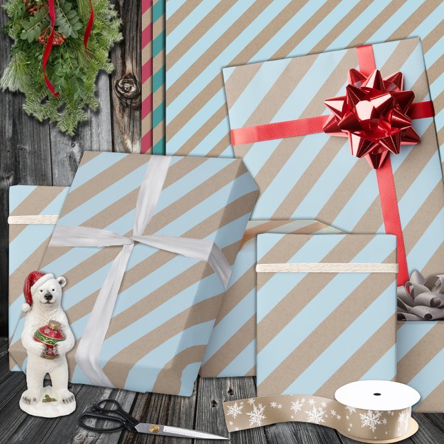 Papier Cadeau Rustique Kraft Lumière Dusty Bleu Large bande vaca (Rustic Kraft Light Dusty Blue Wide Stripe Holiday Wrapping Paper In 6 & 15 foot rolls of 30" width)