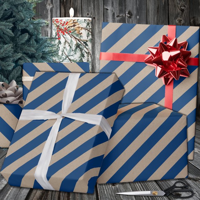 Papier Cadeau Rustique Kraft Marine Bleu Large bande vacances (Rustic Kraft Navy Blue Wide Stripe Holiday Wrapping Paper In 6 & 15 Foot Long 30 Inch Wide Rolls)