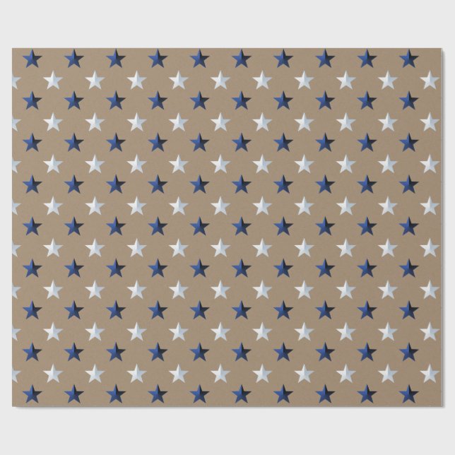 Papier Cadeau Rustique Kraft Navy Blue Silver Stars (Plat)