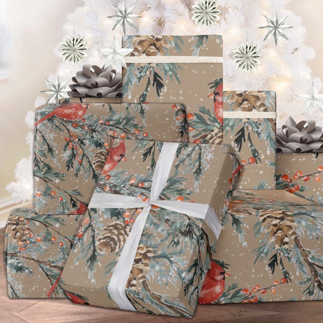 Papier Cadeau Rustique Kraft Red Cardinal Juniper Branches Berri (Rustic Kraft Red Cardinal Juniper Branches Berries Christmas Holiday Wrapping Paper Rolls)