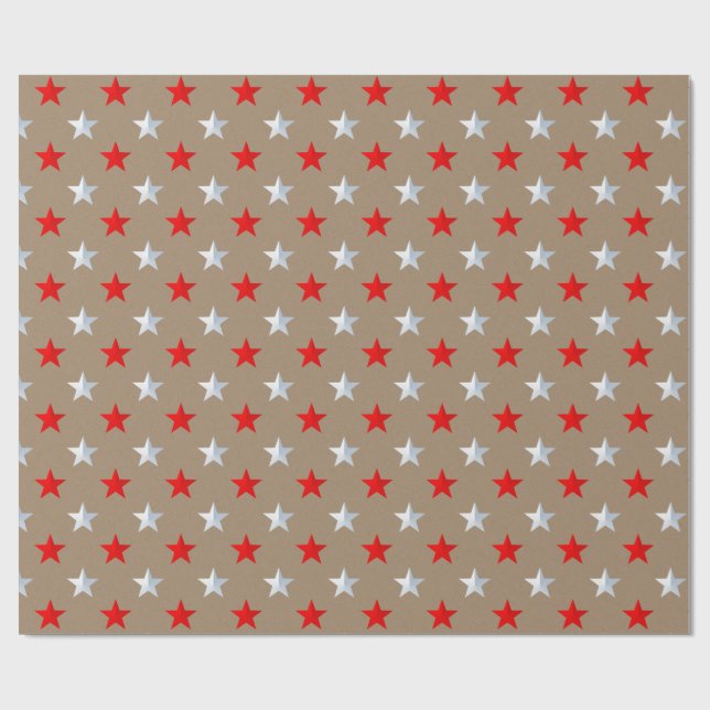 Papier Cadeau Rustique Kraft Red Silver Stars (Plat)
